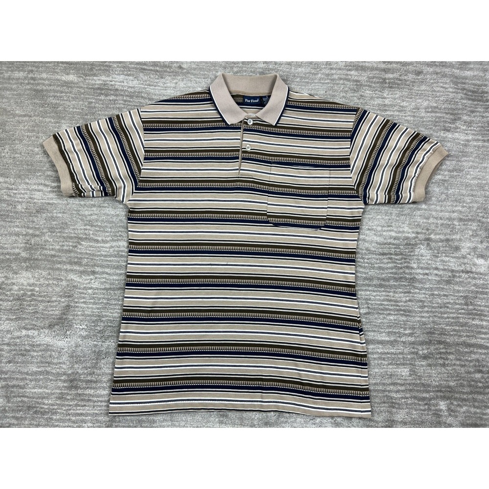 Par‎ Four Polo Shirt Mens Medium Tan Brown Striped Short Sleeve Pocket Golf USA